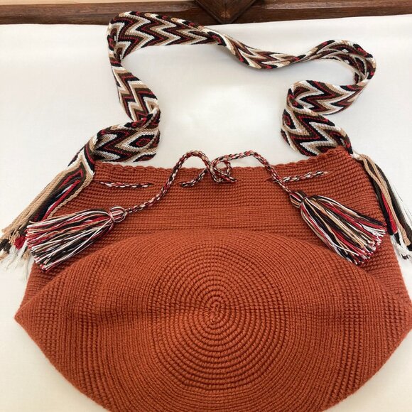 Handcrafted Woven Crossbody Tote Bag In Rust W/Multi-Colored Tassels | Unisex - Picture 12 of 12